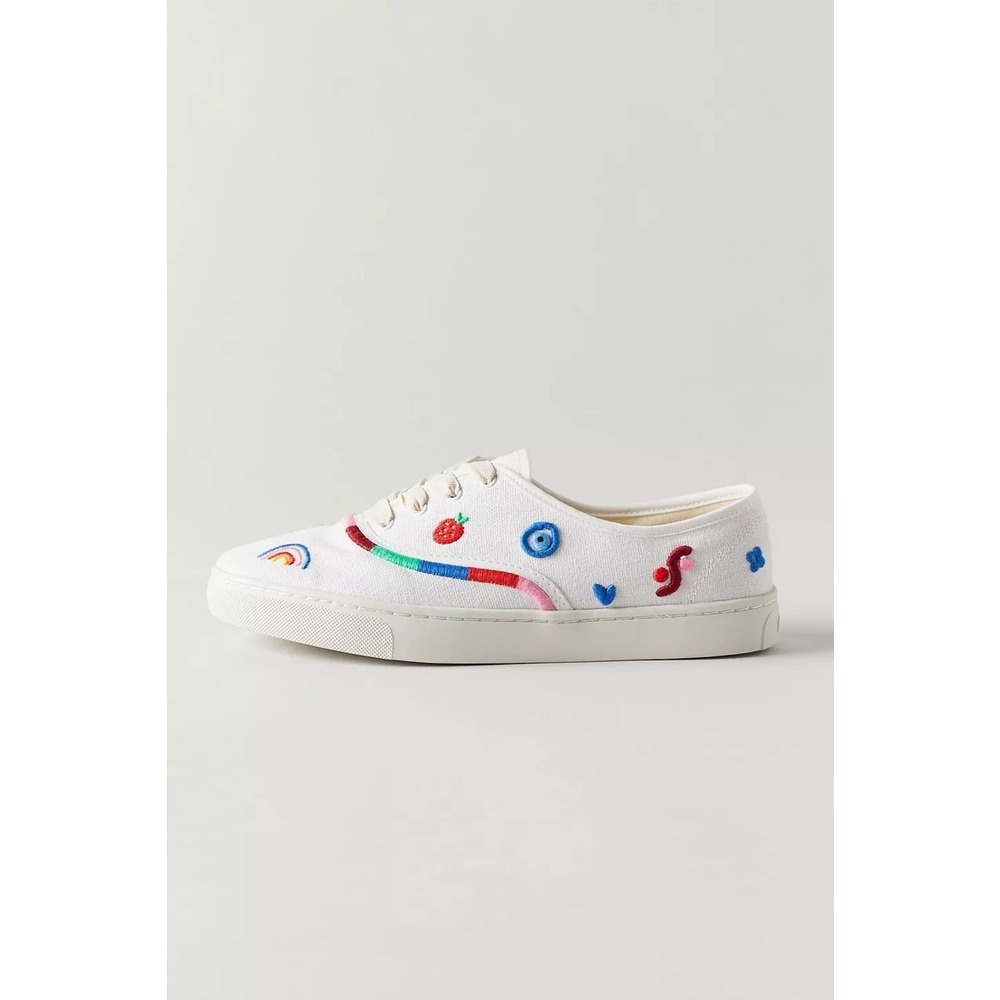 Soludos Marin Sneakers White Canvas Whimsical Embroidered Shoes Sz‎ 8.5 Rainbow